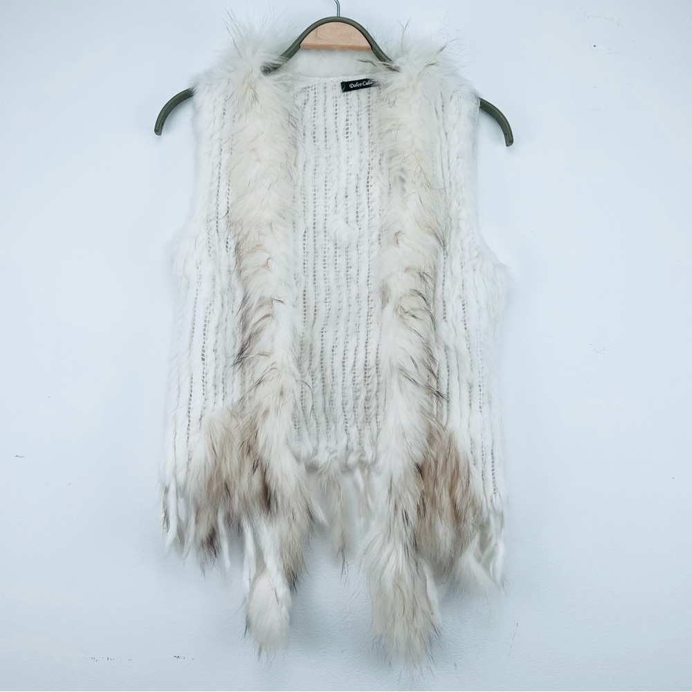 Dolce Cabo Rabbit Fur Vest with Raccoon Trim Ivory Multi Size Small - Picture 4 of 15